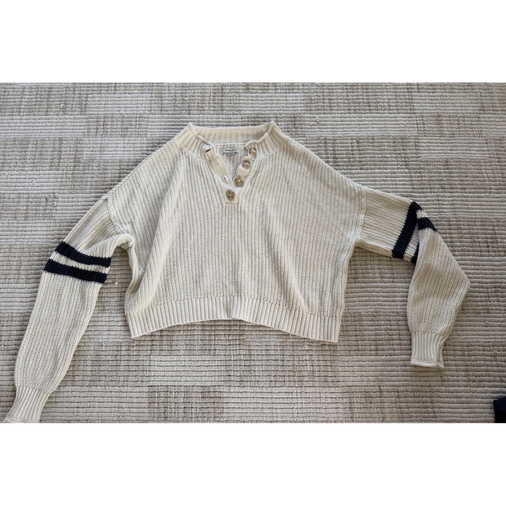 American Eagle Womens XS Cream Henley Sweater Striped Sleeve Cropped Ribbed Knit